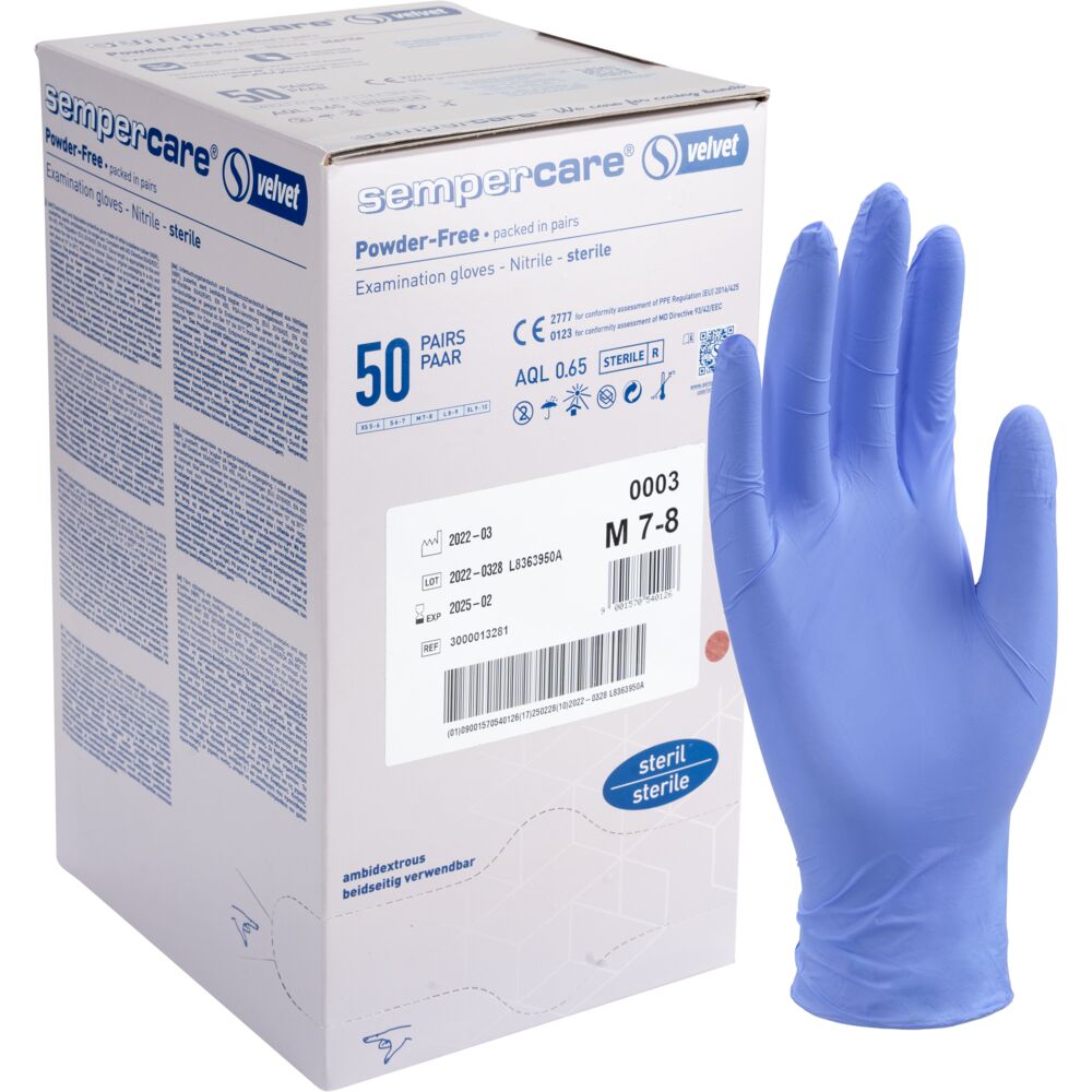 Steril undersøgelseshandske, Sempercare Velvet, M, lavendelblå, nitril, pudderfri