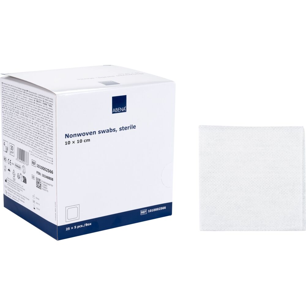 Kompres, nonwoven, ABENA, 4-lags, 10x10cm, hvid, 5 stk./pouch, latexfri, steril