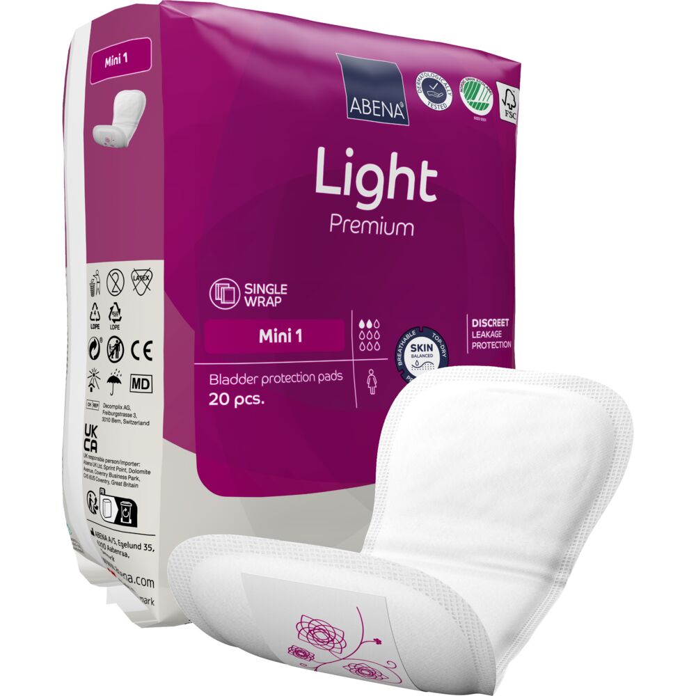 Åben ble, ABENA Light Premium, Mini 1, pink farvekode, med silikonepapir