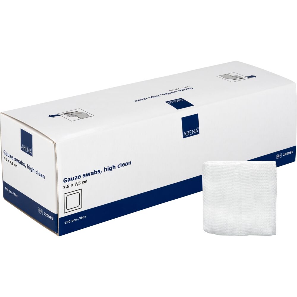 Gazekompres, ABENA, 8-lags, 7,5x7,5cm, hvid, high clean, 17-tråds, latexfri, usteril