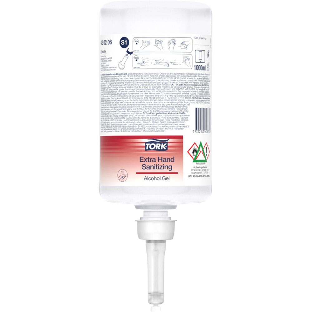 Hånddesinfektionsgel, Tork, 1000 ml, S1, 74% ethanol,1,0 ml pr. dosering