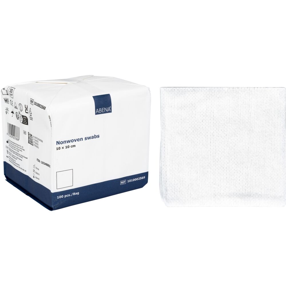 Kompres, nonwoven, ABENA, 4-lags, 10x10cm, hvid, latexfri, usteril