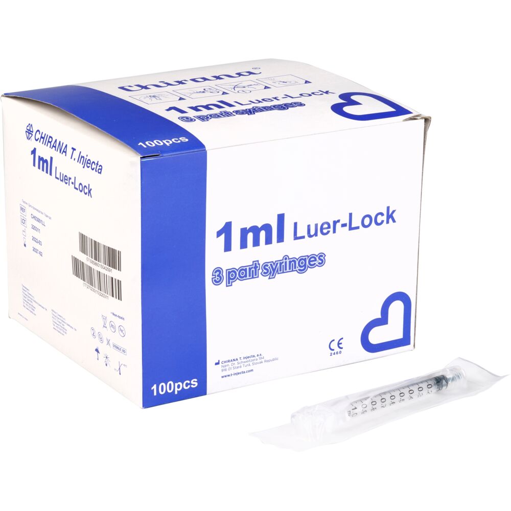 Sprøjte, Chirana, 1 ml, transparent, luer-lock, centreret, 3 komponent, steril, engangs