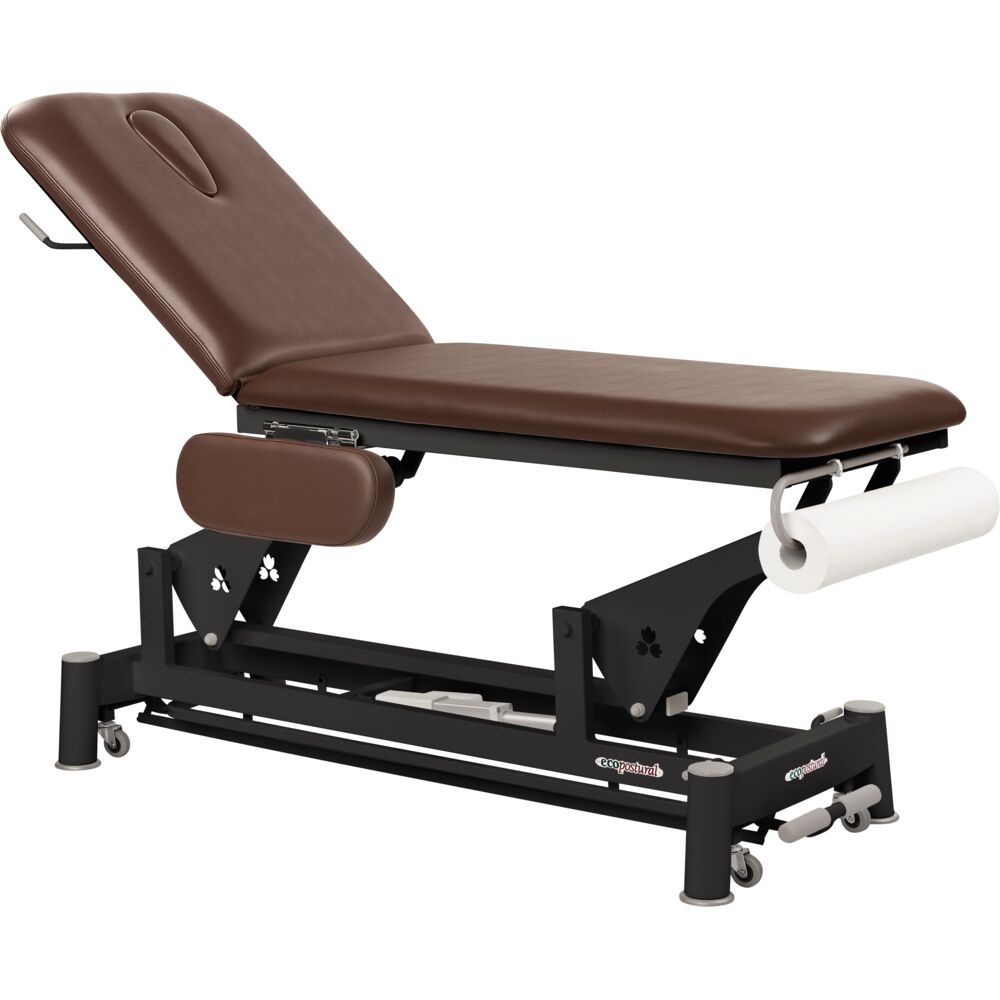Undersøgelsesleje, Ecopostural, 188x70cm, sort, 2-delt, med armlæn, elektrisk inkl. papirulleholder og taburet, max 250 kg.