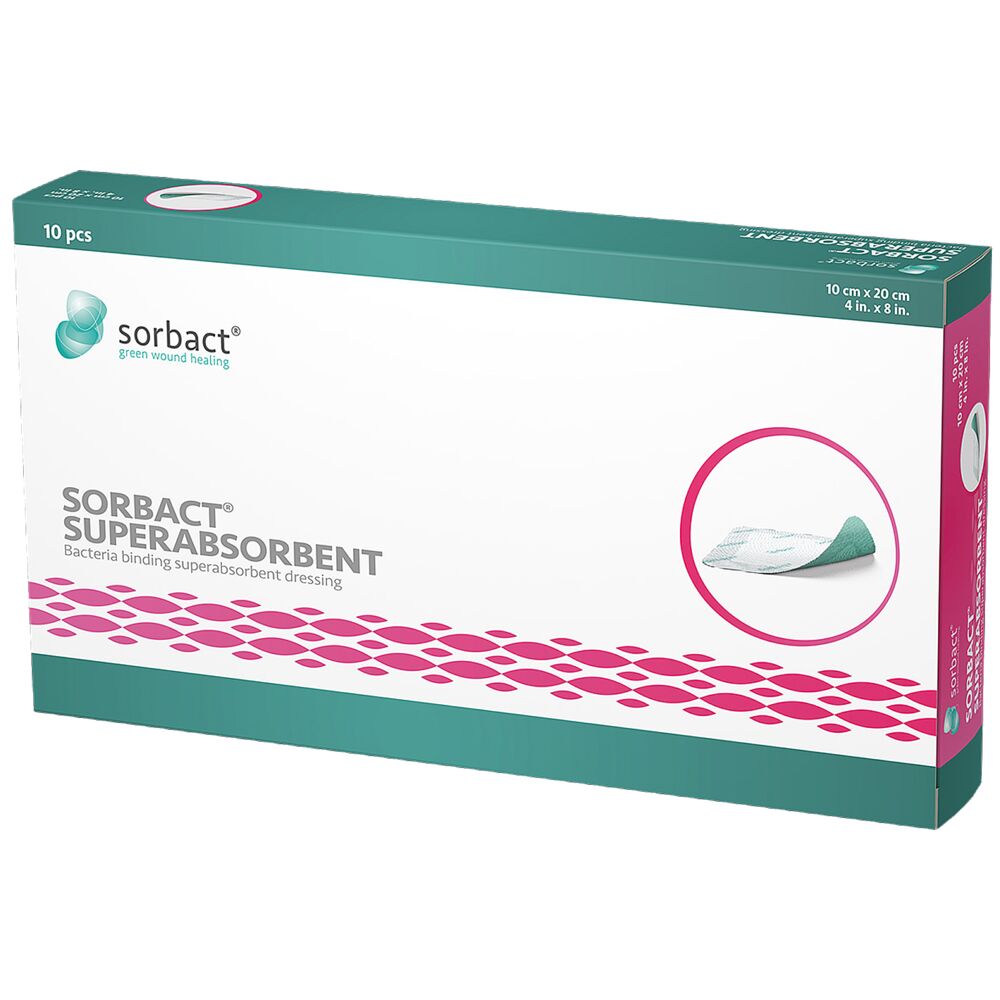 Hydrofob bandage, Sorbact Superabsorbent, 20x10cm, grøn, u/klæb, steril, engangs