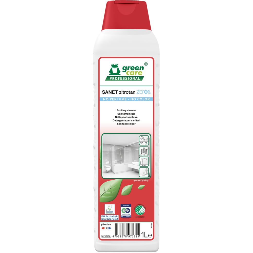 Sanitetsrengøring, Green Care Professional SANET Zitrotan zero%, 1 l, sur/kalkhæmmende, uden farve og parfume