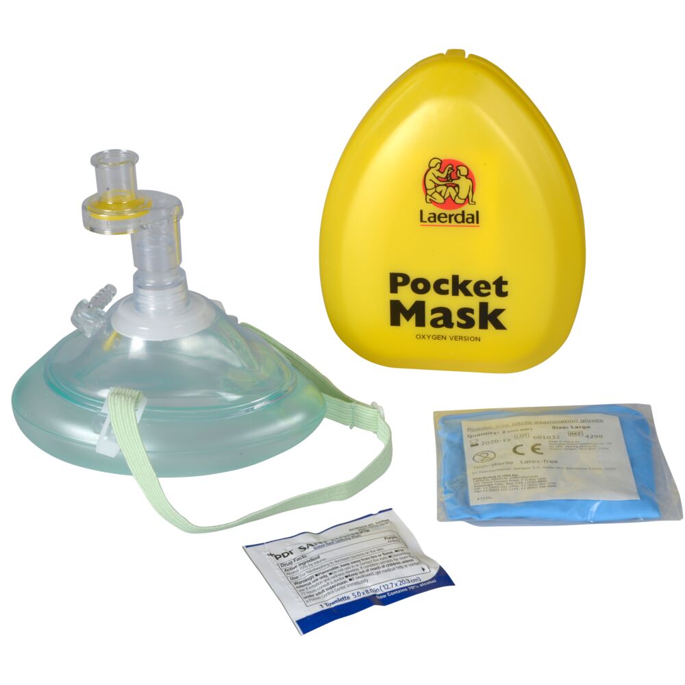 Lommemaske, Laerdal, 13x11x4cm, med ilt-studs, envejsventil og filter, i gul hård boks