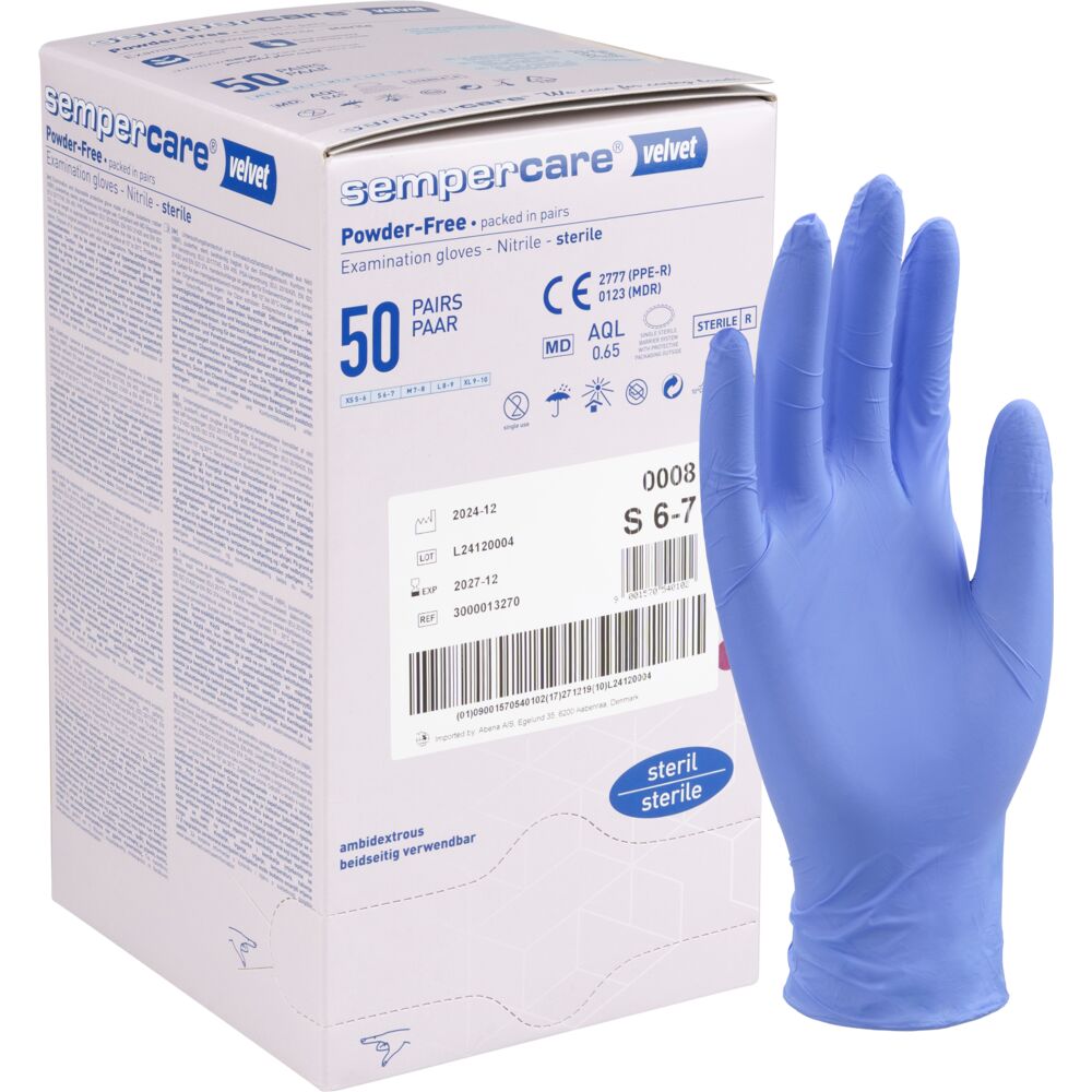 Steril undersøgelseshandske, Sempercare Velvet, S, lavendelblå, nitril, pudderfri