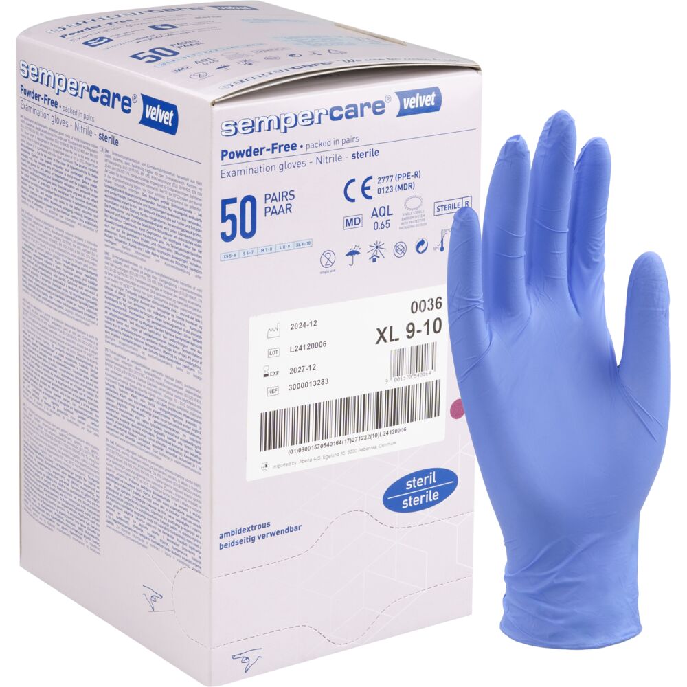 Steril undersøgelseshandske, Sempercare Velvet, XL, lavendelblå, nitril, pudderfri