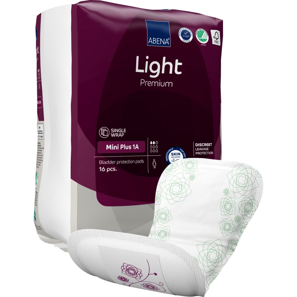 Åben ble, ABENA Light Premium, Mini Plus 1A, mørklilla farvekode, med silikonepapir