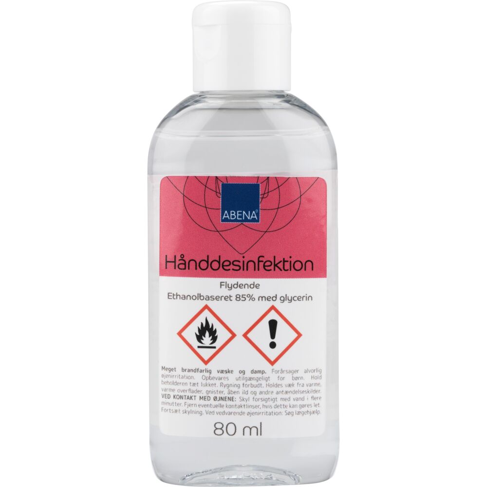 Hånddesinfektion, ABENA, 80 ml, 85% alkohol, med glycerin, flaske med klaplåg, flydende