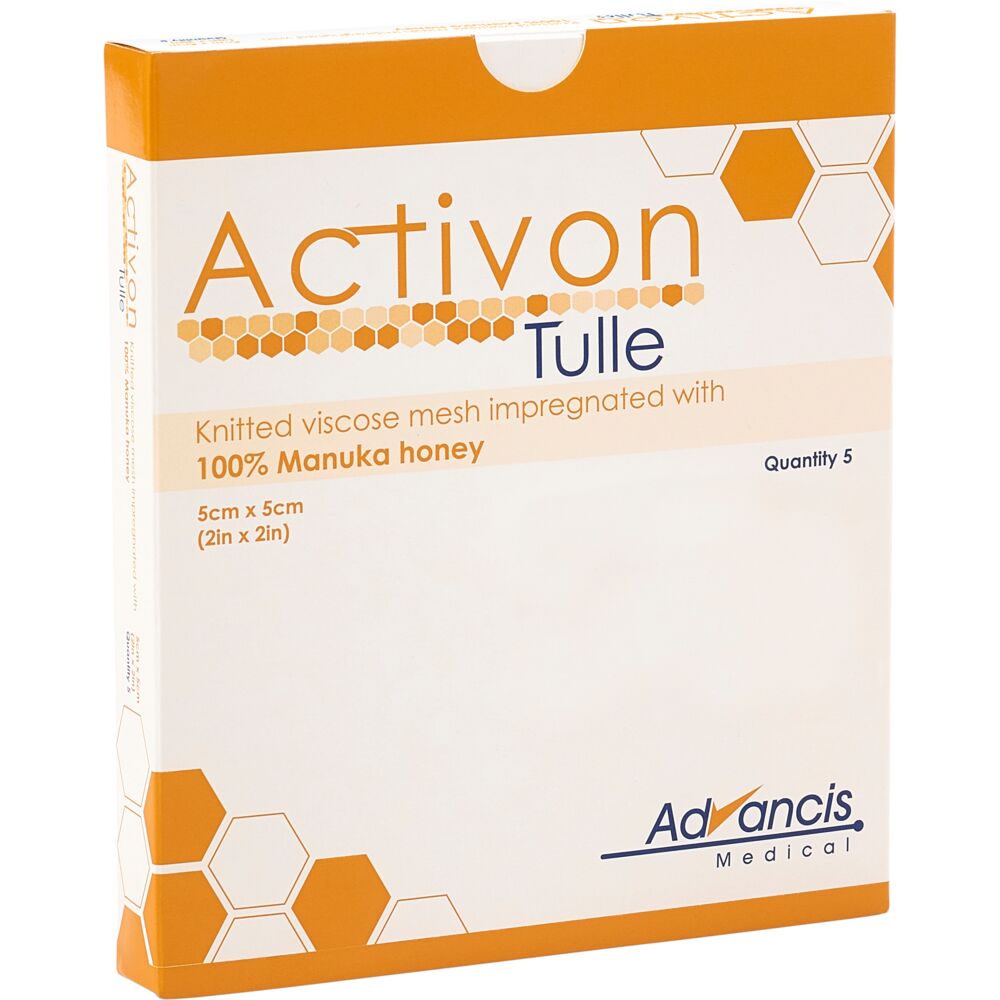 Honningbandage, Activon Tulle, 5x5cm, beige, med 100% Manuka honning, steril, engangs