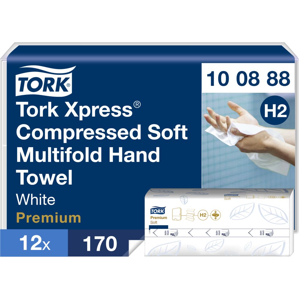 Håndklædeark, Tork Xpress H2 Premium, 2-lags, W-fold, 32x21,2cm, 8 cm, hvid, nyfiber, komprimeret