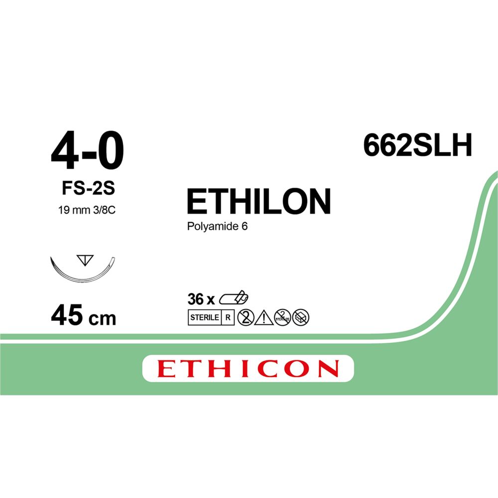 Sutur, Ethilon II, 45cm, sort, PA, (nylon), 4-0, FS-2 nål, monofil, 662SLH, Steril