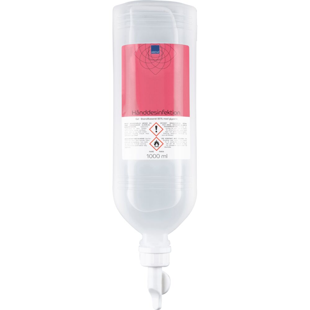 Hånddesinfektionsgel, ABENA, 1000 ml, 85% ethanol, standbag flaske til ståldispenser
