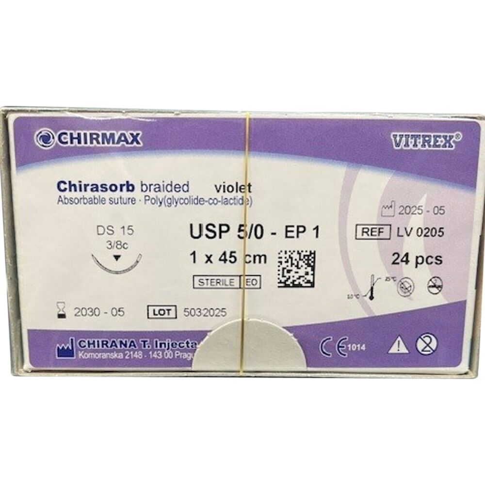 Sutur, Chirasorb, 45cm, violet, Polyglactin 910, USP 5/0, DS 15mm, resorberbar, violet, steril, engangs