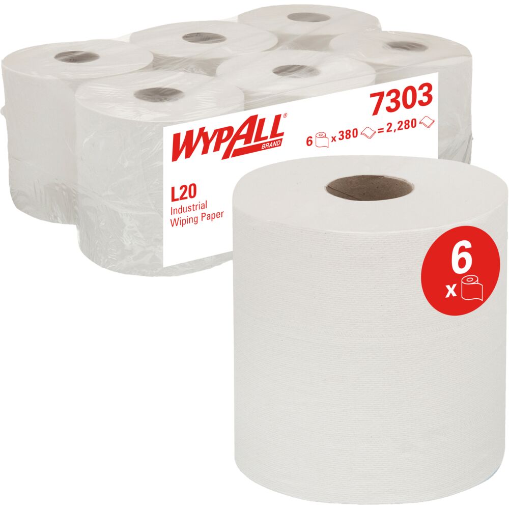 Håndklæderulle, Kimberly-Clark Wypall L30, 2-lags, Midi, 127,5m x 18,5cm, hvid, genanvendt papir, med spiralhylse