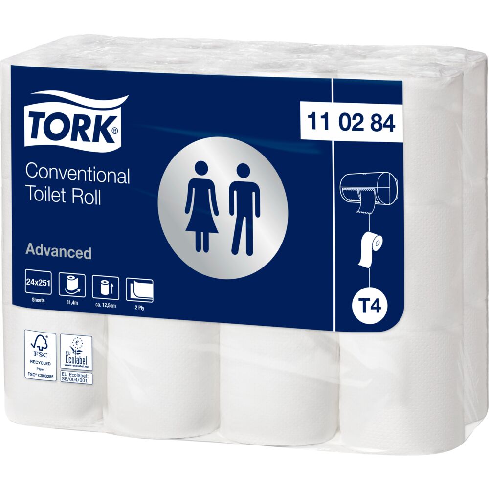 Toiletpapir, Tork T4 Advanced, 2-lags, 31,4m x 9,9cm, Ø10,4cm, hvid, blandingsfibre