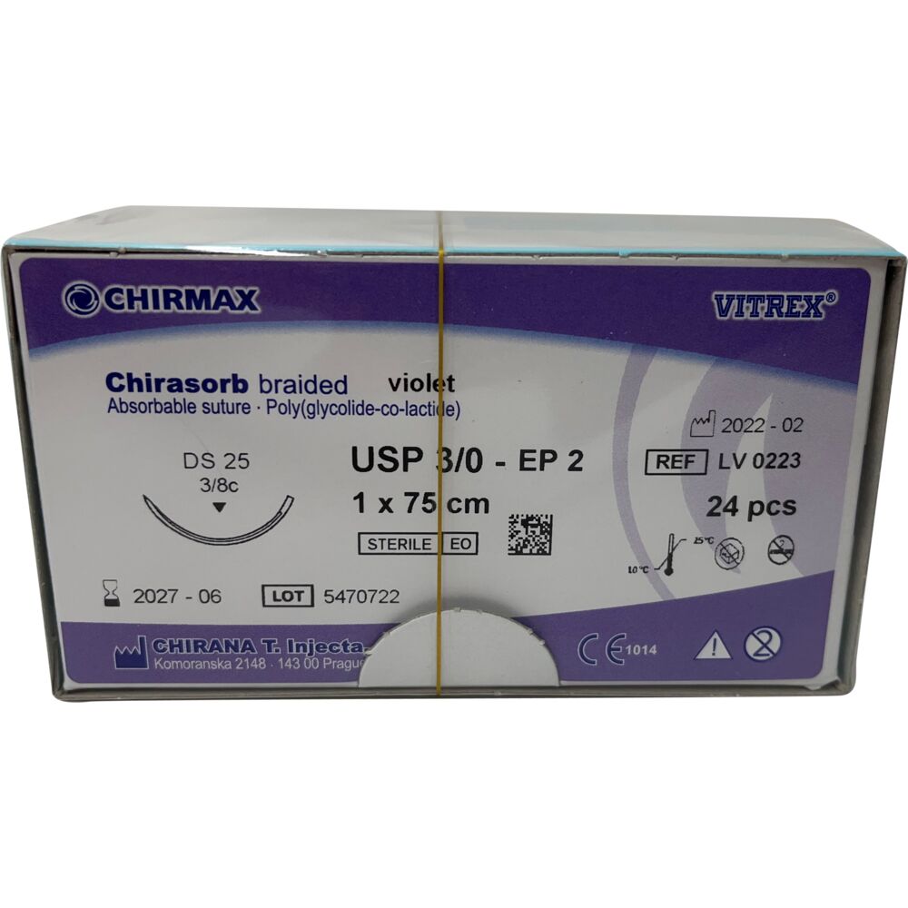 Sutur, Chirasorb, 75cm, violet, Polyglactin 910, USP 3/0, DS 25mm, resorberbar, violet, steril, engangs