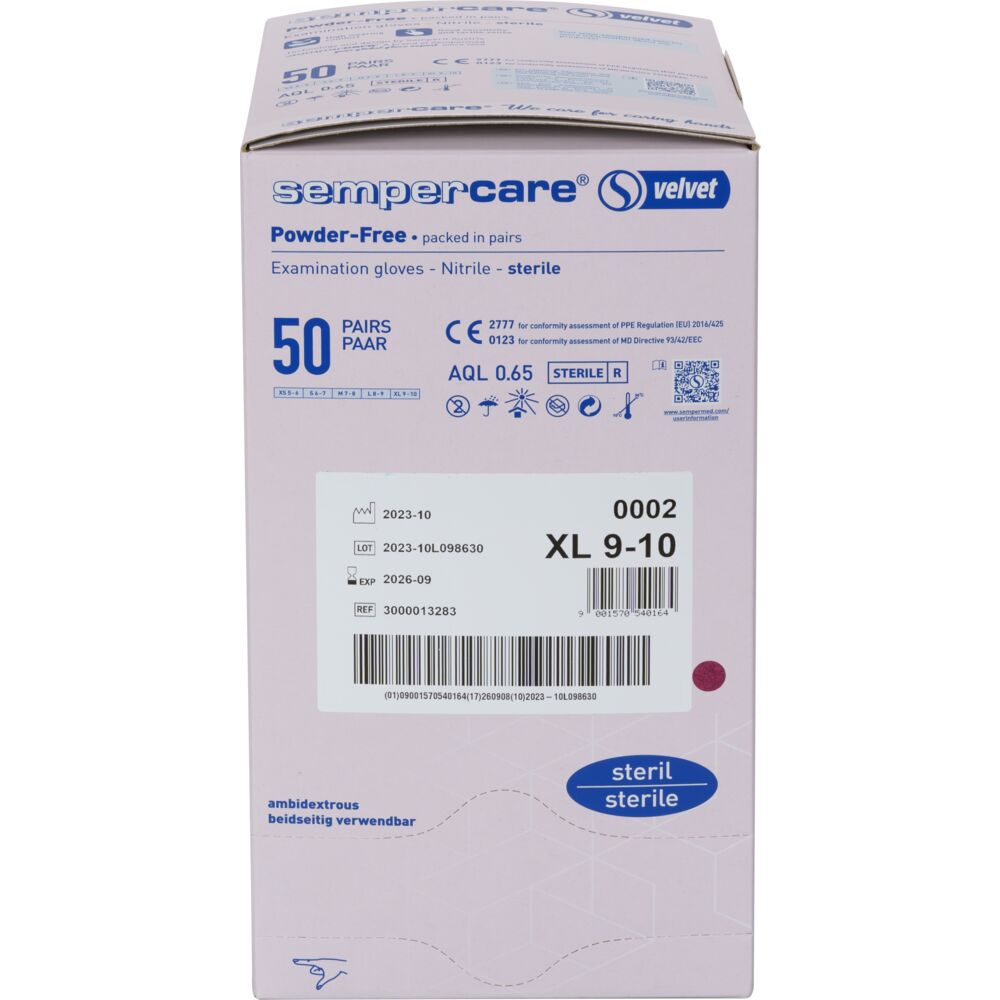 Steril undersøgelseshandske, Sempercare Velvet, XL, lavendelblå, nitril, pudderfri