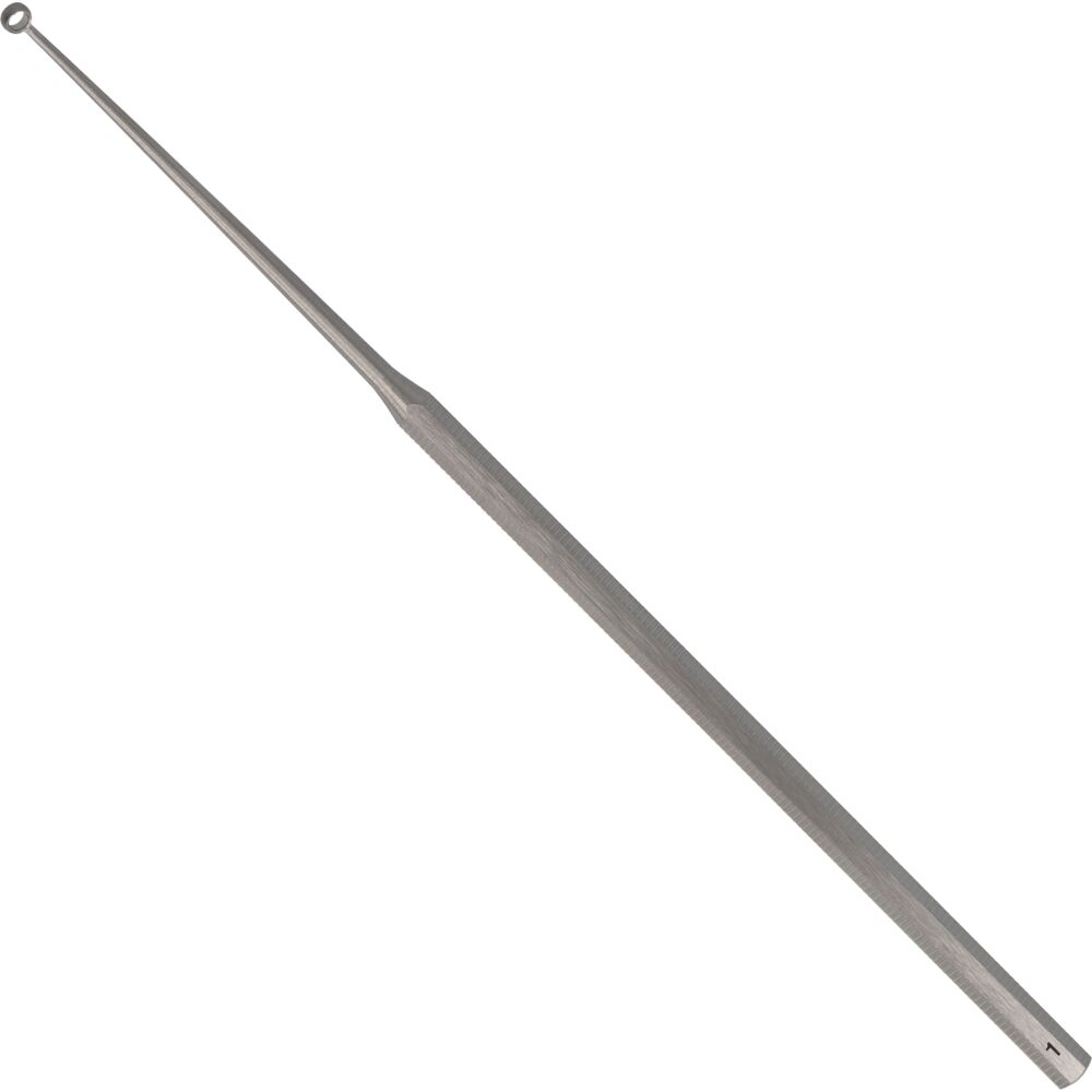Ørecurette, Rudolf, Buck, 16,5cm, lige håndtag, 45 gr vinklet curette, skarp fig. 1