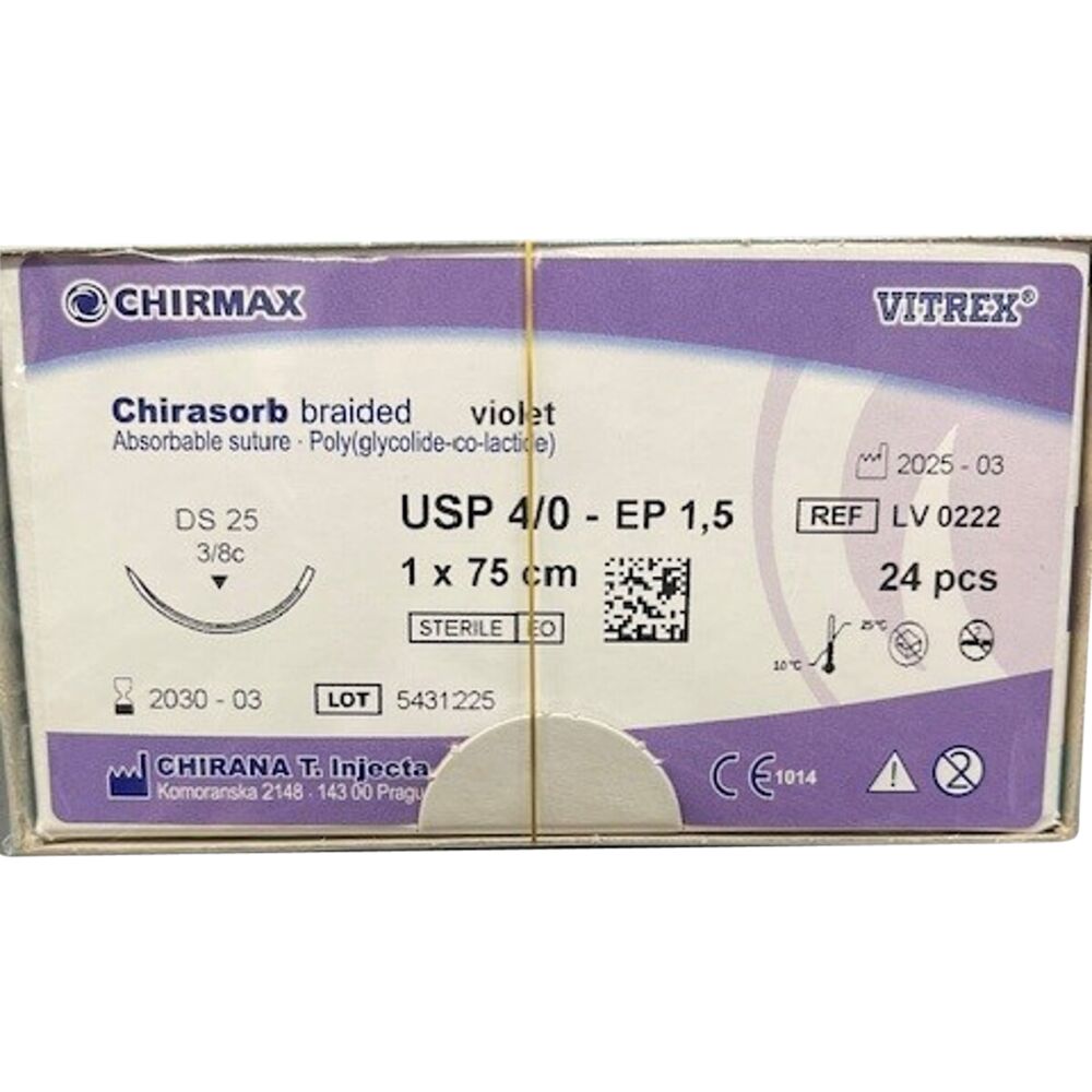 Sutur, Chirasorb, 75cm, violet, Polyglactin 910, USP 4/0, DS 25mm, resorberbar, violet, steril, engangs