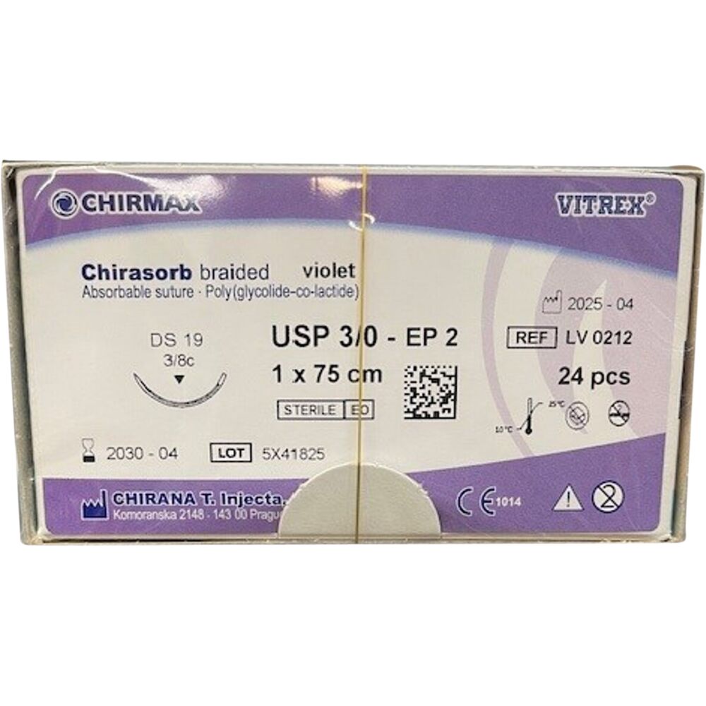Sutur, Chirasorb, 75cm, violet, Polyglactin 910, USP 3/0, DS 19mm, resorberbar, violet, steril, engangs