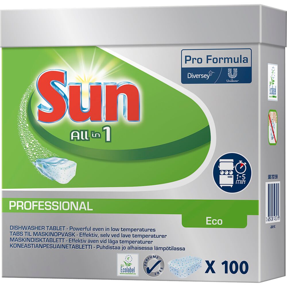 Opvasketabs, Sun Professional ECO, all-in-one, vandopløselig folie, uden klor, med farve, uden parfume, 100stk