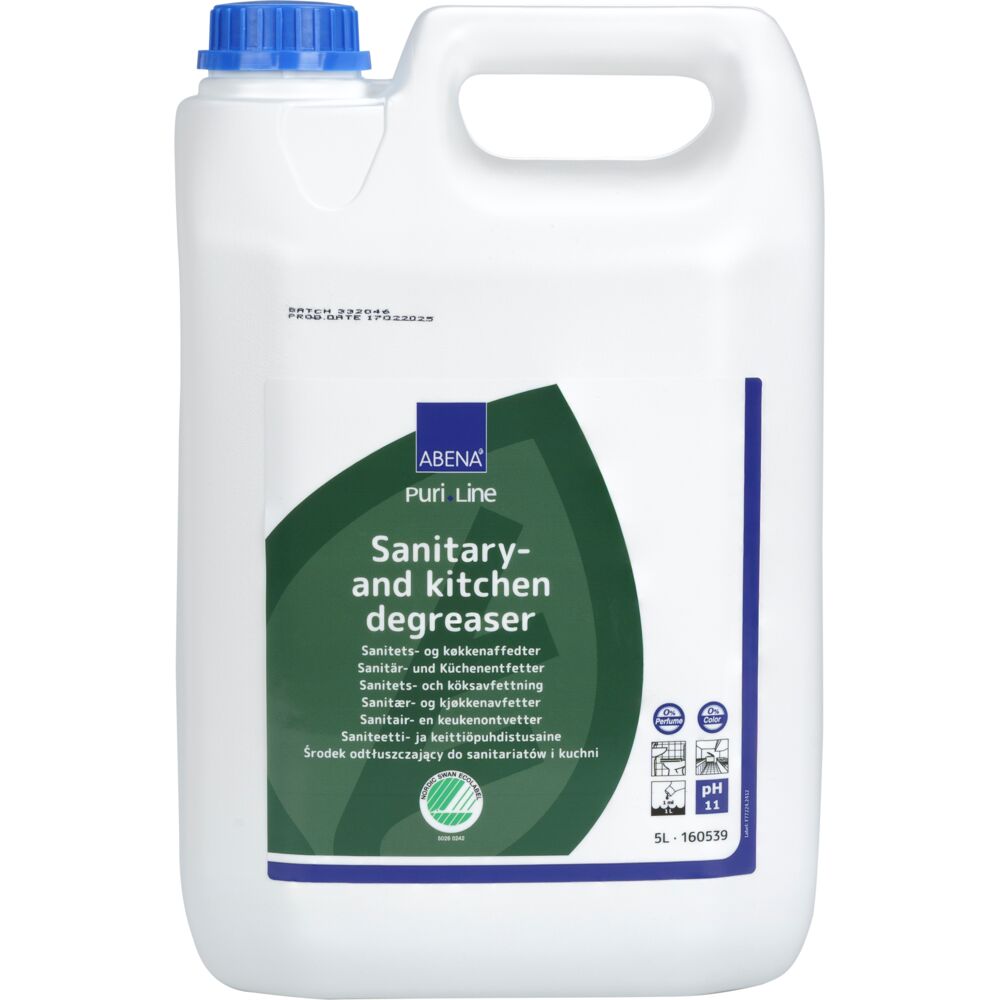 Sanitets- og køkkenaffedter, ABENA Puri-Line, 5 l, alkalisk/affedtende, uden farve og parfume