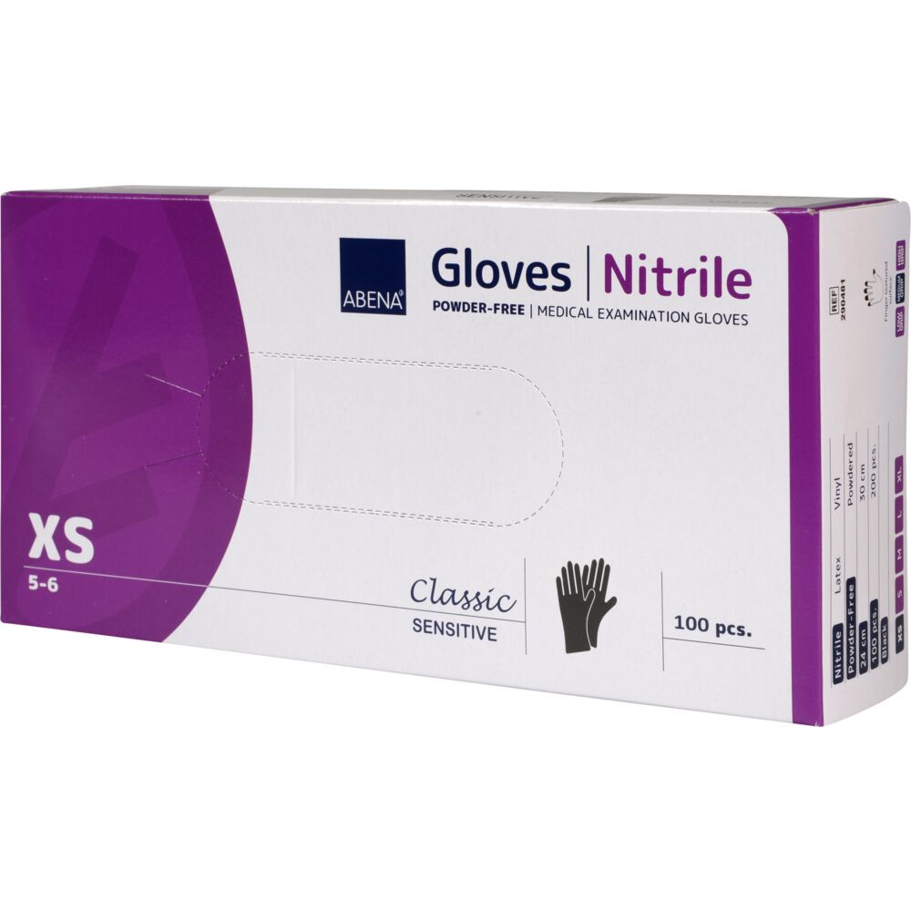 Undersøgelseshandske, ABENA Classic Sensitive, XS, sort, nitril, pudderfri