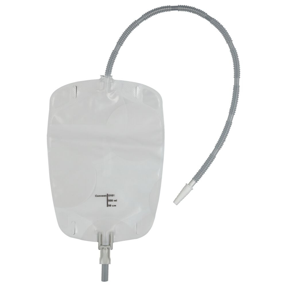 Urinpose, benpose, Conveen Security+, 30cm, 500 ml, etkammer, VV, NW bagside, justérbar slange