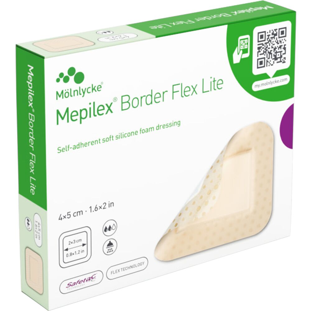 Skumbandage, Mepilex Border Flex Lite, 4x5cm, m/silikonekontaktlag og silikoneklæb, latexfri, steril, engangs