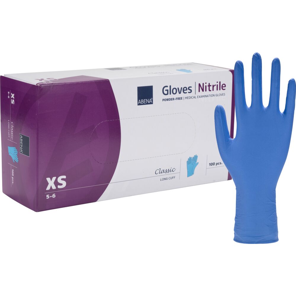 Lang undersøgelseshandske, ABENA Classic, XS, blå, nitril, pudderfri