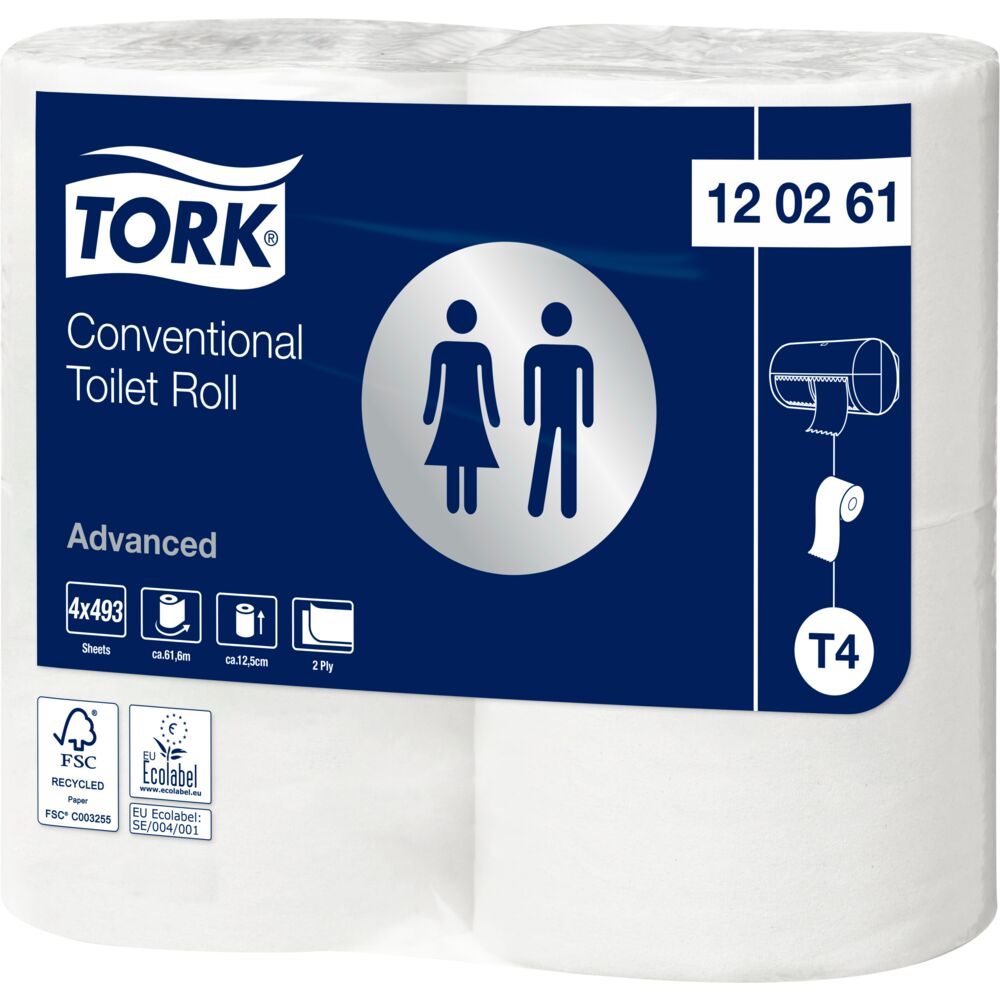 Toiletpapir, Tork T4 Advanced, 2-lags, 61,6m x 9,9cm, Ø12cm, hvid, genanvendt papir