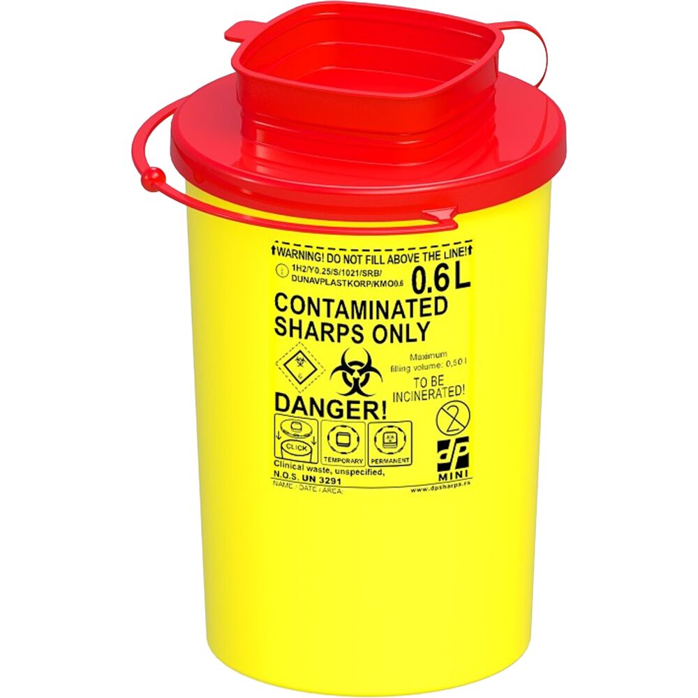 Kanyleboks, Sharps, 14,75cm, Ø7,63cm, 600 ml, rød, kanyleaftræk, transportmodel
