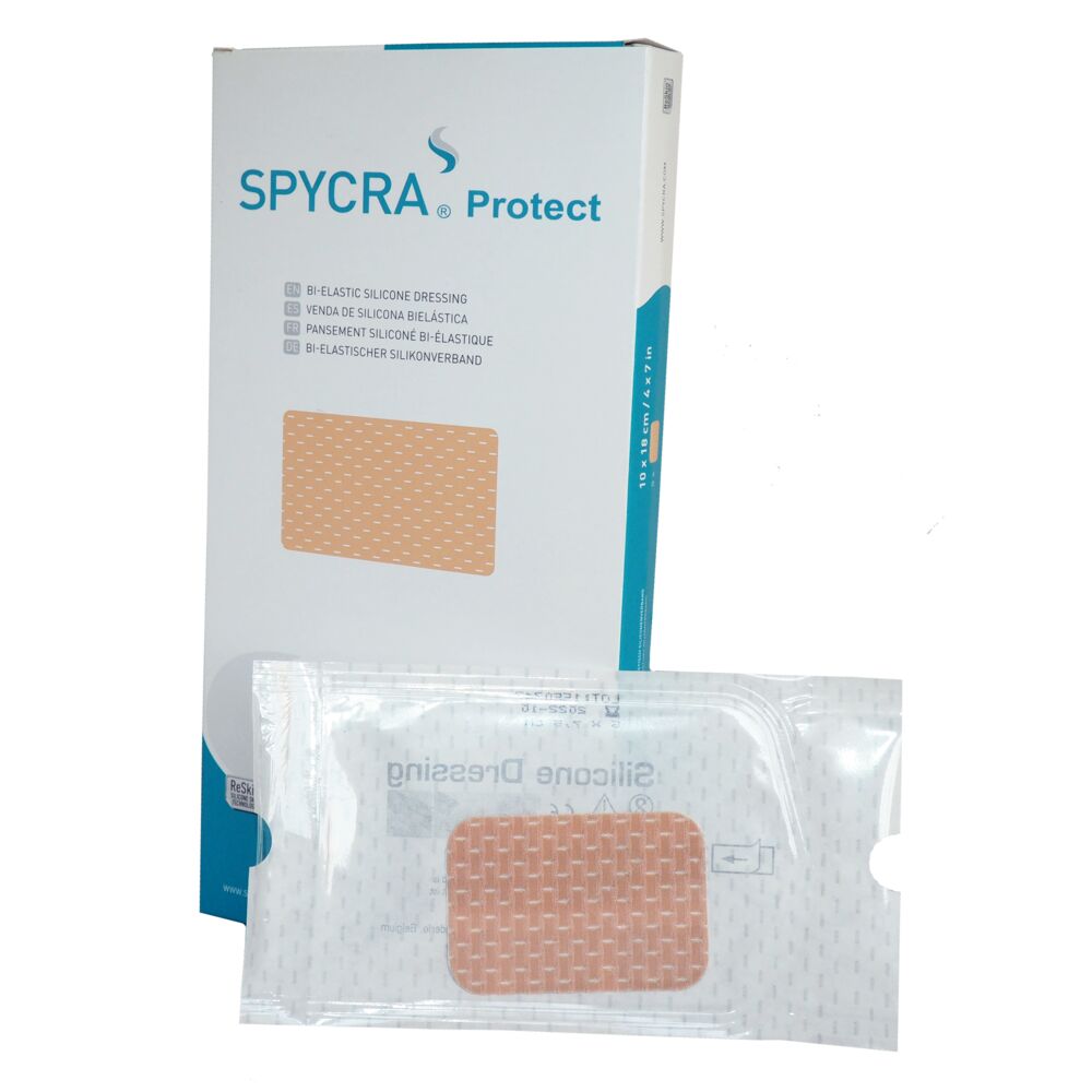 Forbinding, Spycra Protect, 5x7,5cm, beige, bi-elastisk, med silikoneklæb, enkeltpakket, steril, engangs
