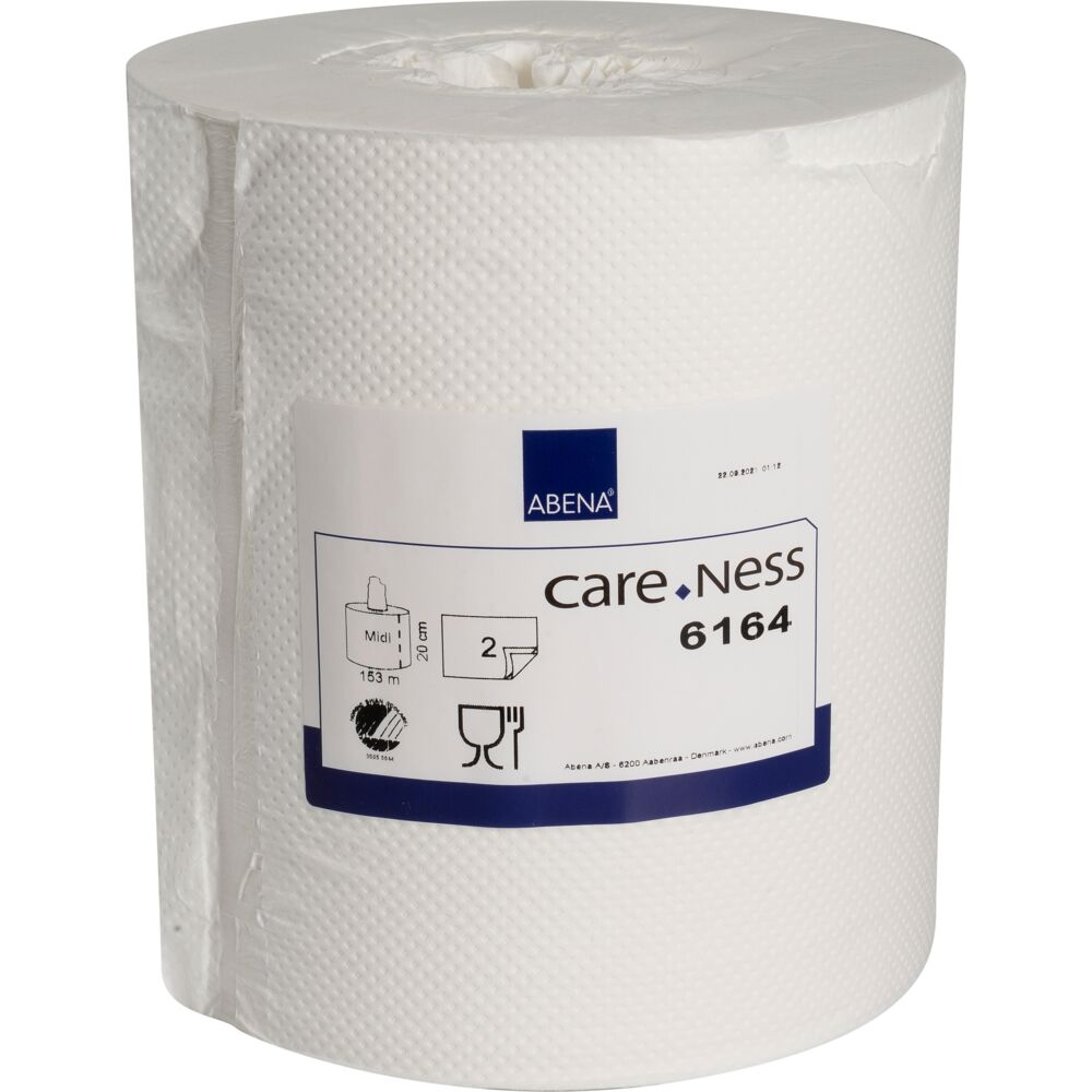 Håndklæderulle, ABENA Care-Ness Excellent, 2-lags, Midi, 153m x 19,6cm, Ø19,5cm, hvid, nyfiber, uden hylse