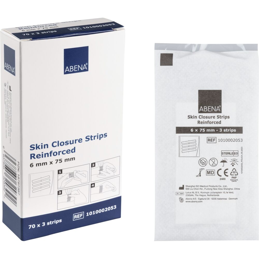 Suturtape, ABENA, 75x6mm, hvid, forstærket, ark á 3 strips, latexfri, steril, engangs