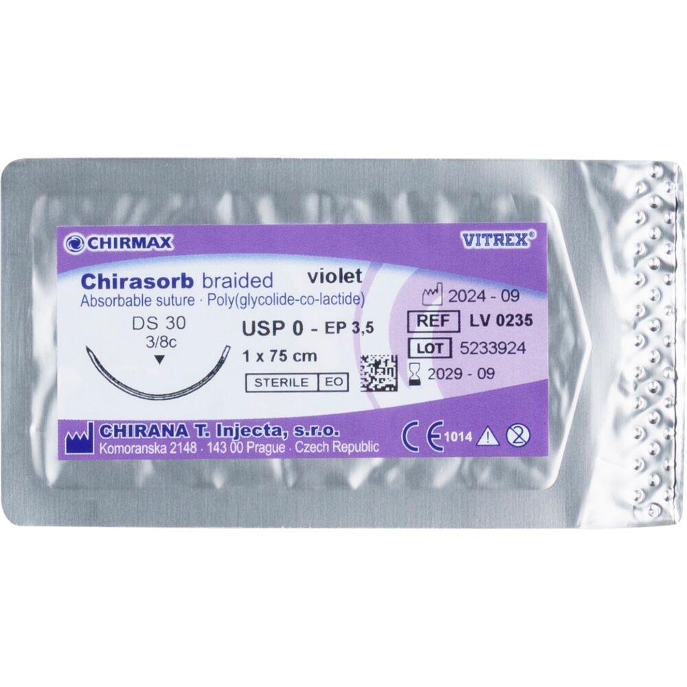Sutur, Chirasorb, 75cm, violet, Polyglactin 910, USP 0, DS 30mm, resorberbar, violet, steril, engangs