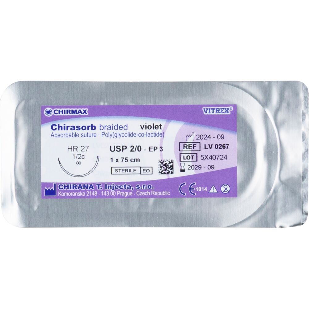 Sutur, Chirasorb, 75cm, violet, Polyglactin 910, USP 2/0, HR 27mm, resorberbar, violet, steril, engangs