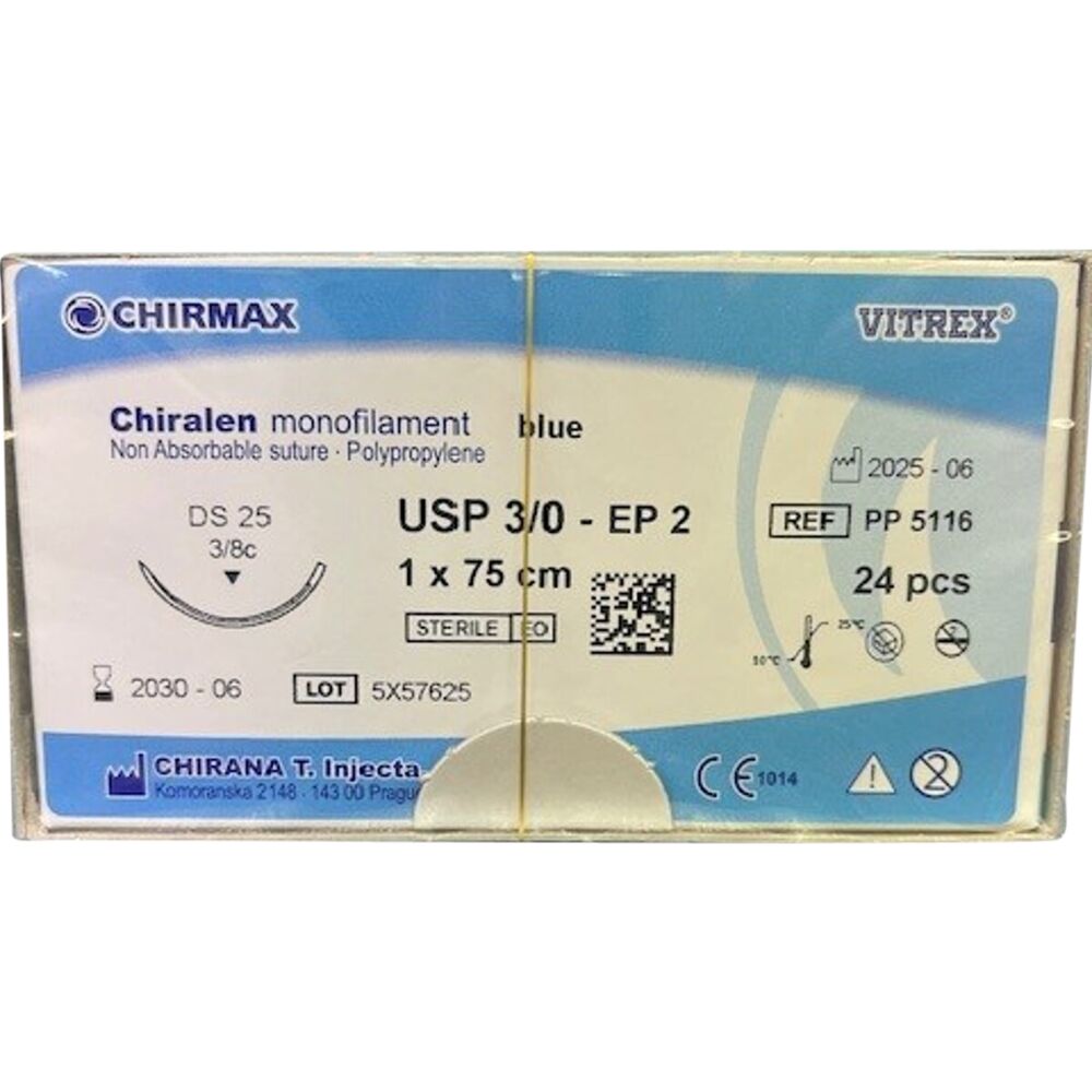 Sutur, Chiralen Monofilament, 75cm, blå, USP 3/0, DS 25mm, non-resorberbar, steril, engangs