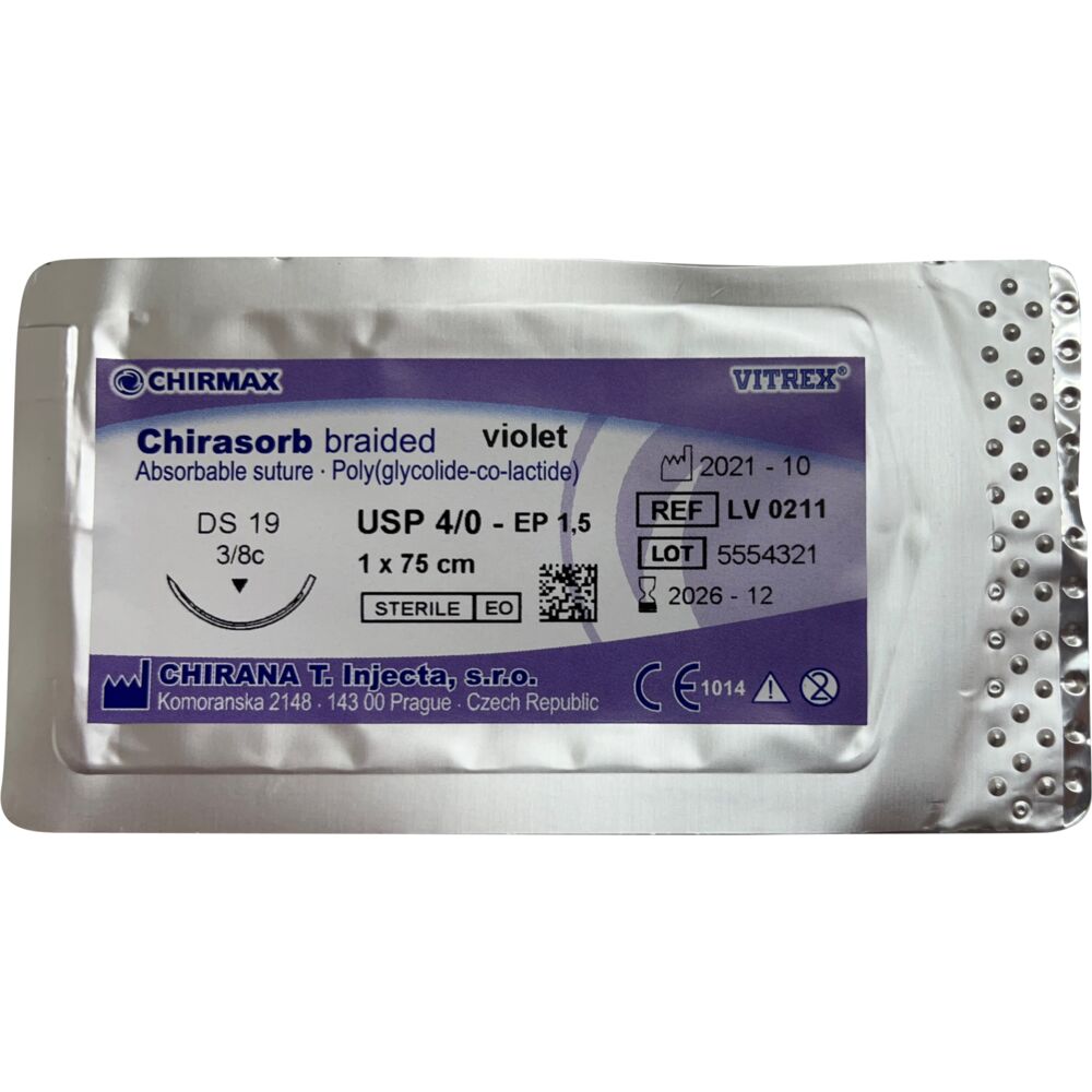 Sutur, Chirasorb, 75cm, violet, Polyglactin 910, USP 4/0, DS 19mm, resorberbar, violet, steril, engangs
