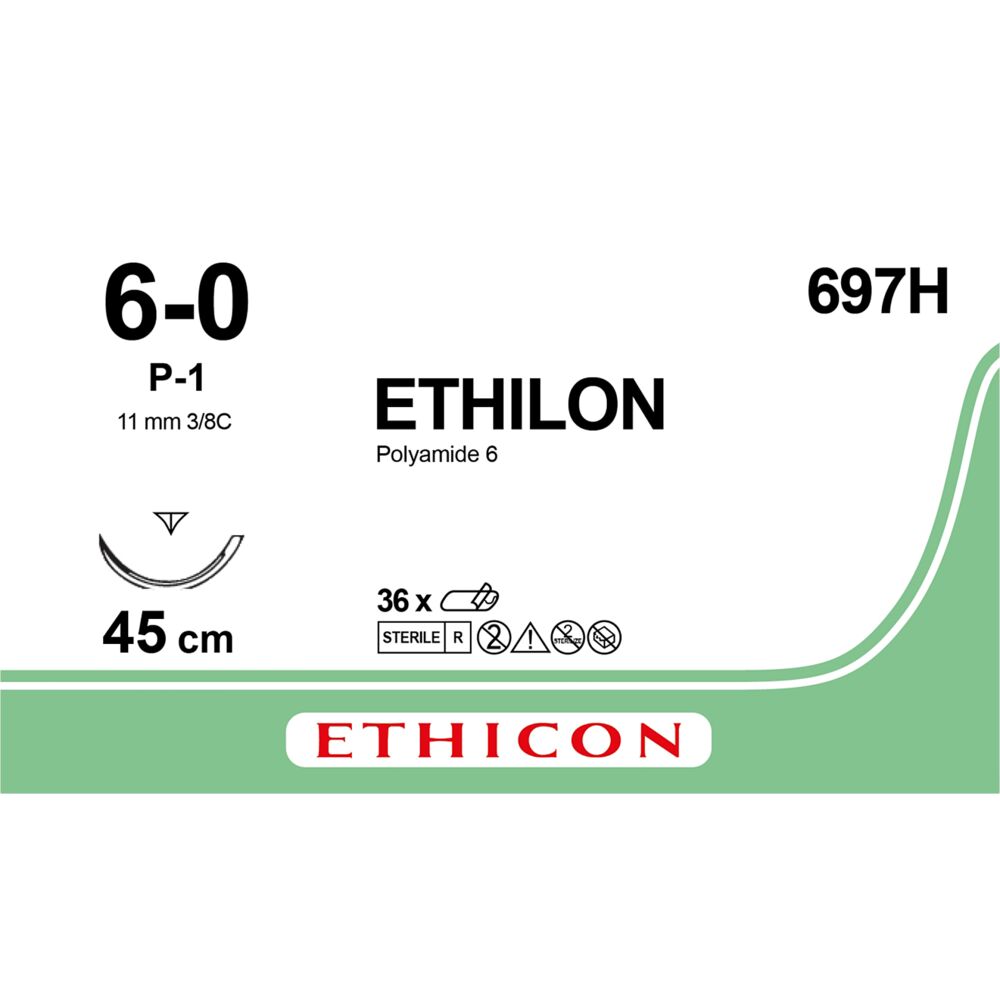 Sutur, Ethilon II, 45cm, sort, PA, 6-0, p-1 nål, monofil, 697H, steril