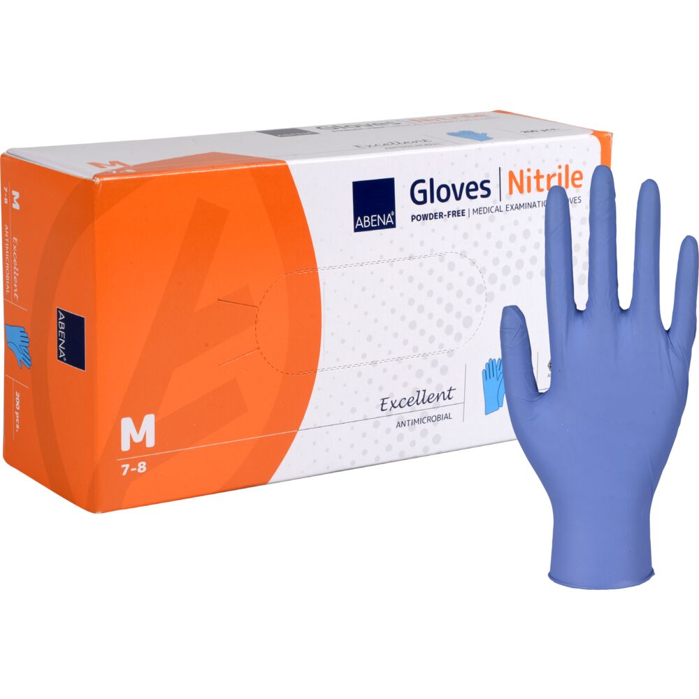 Antimikrobiel undersøgelseshandske, ABENA Excellent, M, blå, nitril, pudderfri