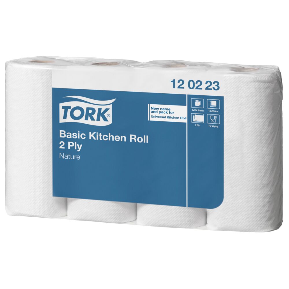 Køkkenrulle, Tork Basic, 2-lags, 25,8m x 20,6cm, Ø10,4cm, ubleget, genanvendt papir