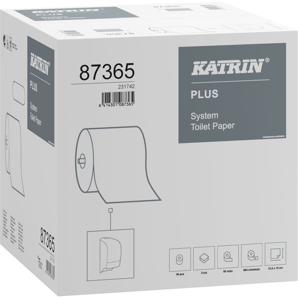 Toiletpapir, Katrin Plus, 2-lags, 85,5m x 10cm, Ø13,5cm, hvid, nyfiber