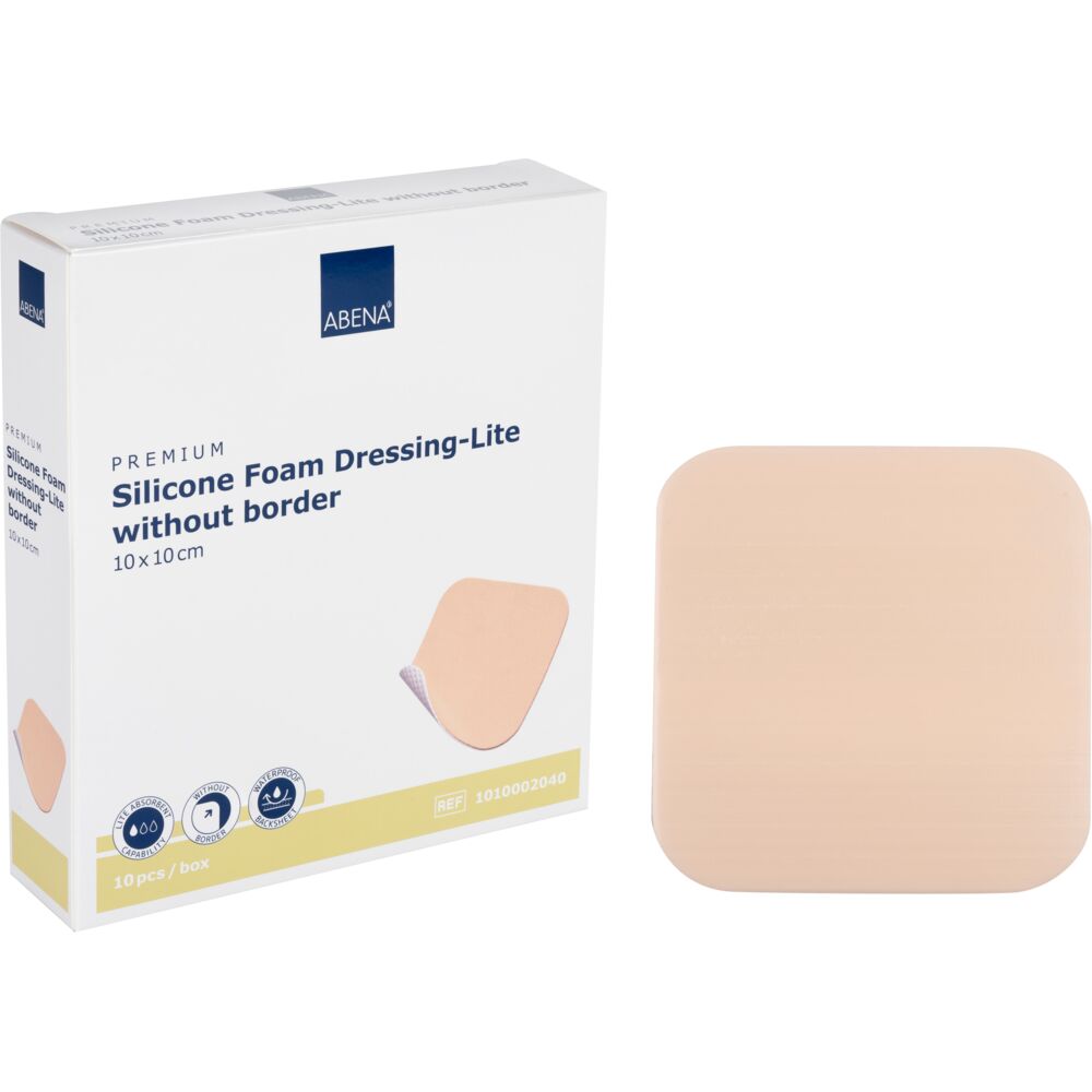 Skumbandage, ABENA Lite, 10x10cm, beige, m/silikonekontaktlag, u/klæbekant, latexfri, steril